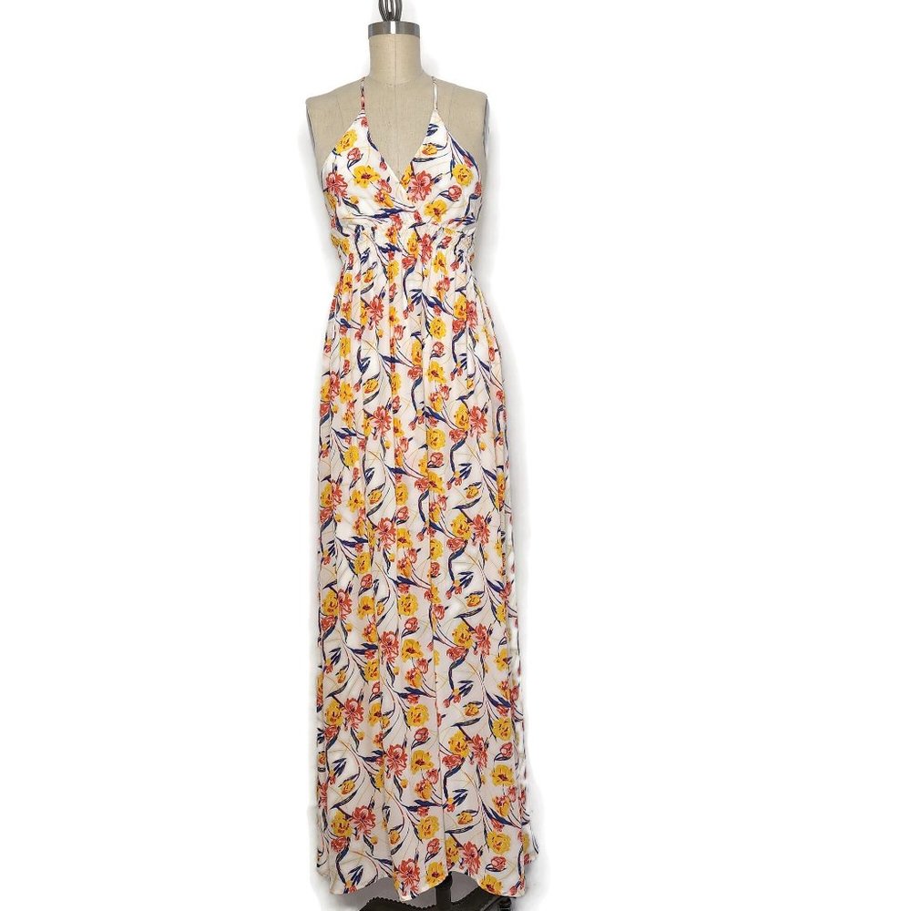 Yumi Kim Maxi Halter Dress Small Colorful Slik Floral Yellow Strappy Ope…